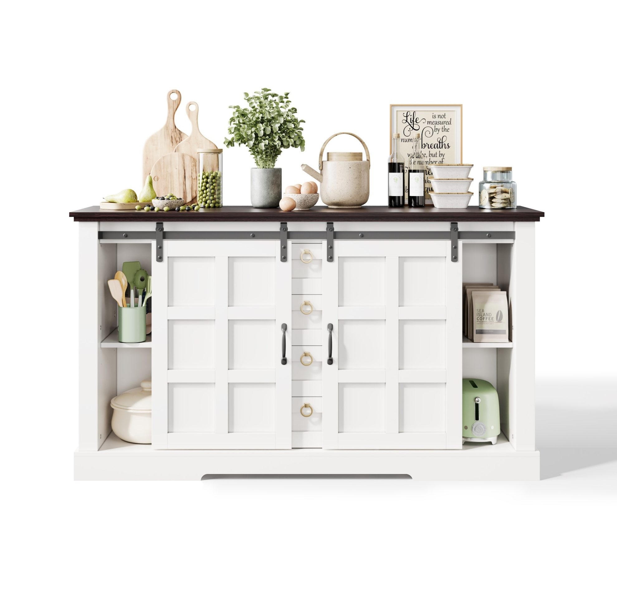 SIDEBOARD aus MDF 150x40x85 cm Weiß mit Schiebetüren, 4 Schubladen und verstellbaren Einlegeböden - Weiß, Holzwerkstoff (150/85/40cm) - Modfu