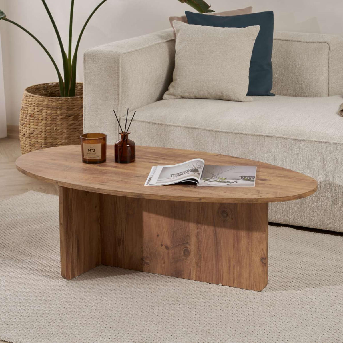 COUCHTISCH mit ovaler Platte L125 cm 65/120/40 cm - Kieferfarben, Holzwerkstoff (70/65/40cm) - Calicosy