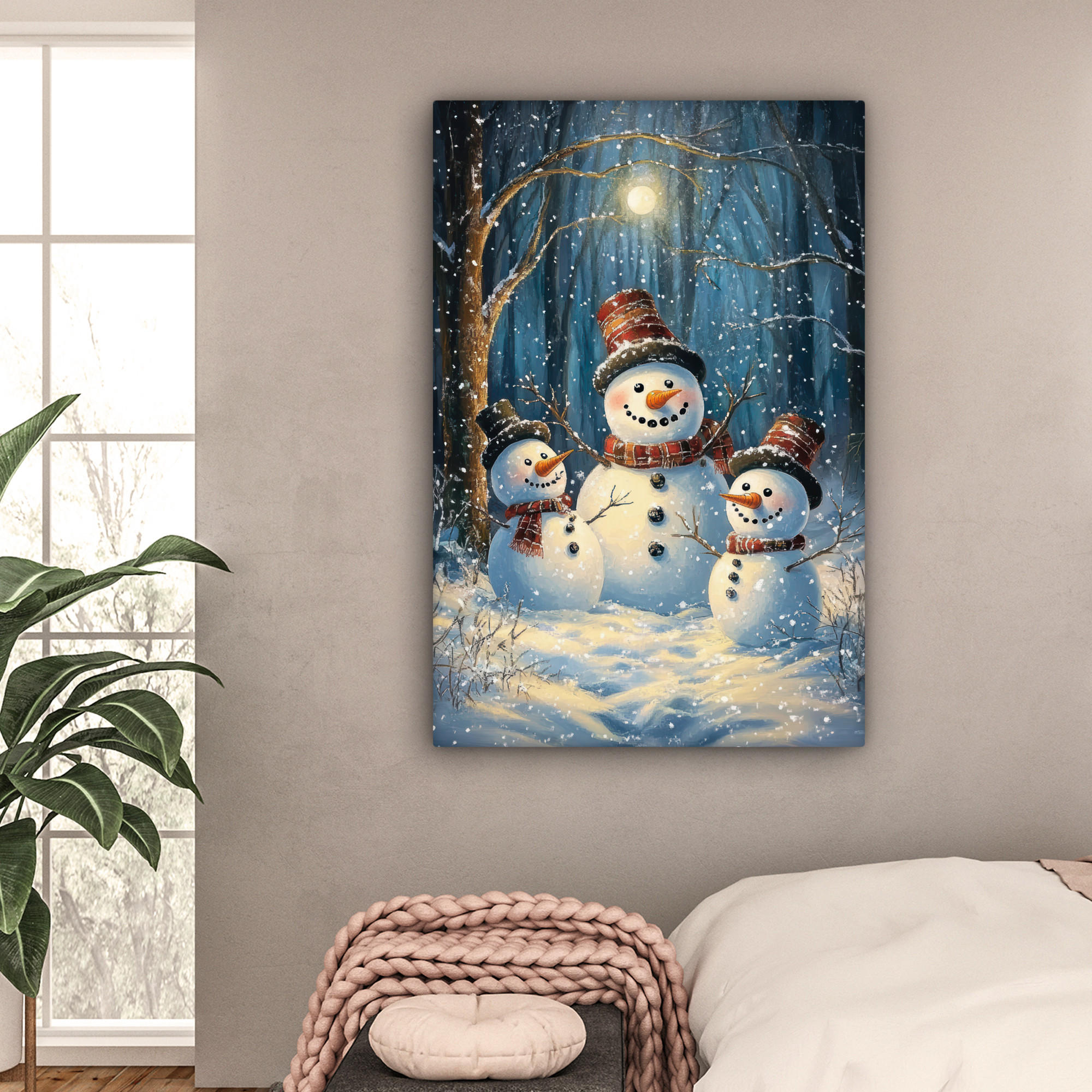 LEINWANDBILD Schneemann - Schnee - Winter - Wald 90x140 cm - Hellblau, Textil (90/140cm) - MuchoWow