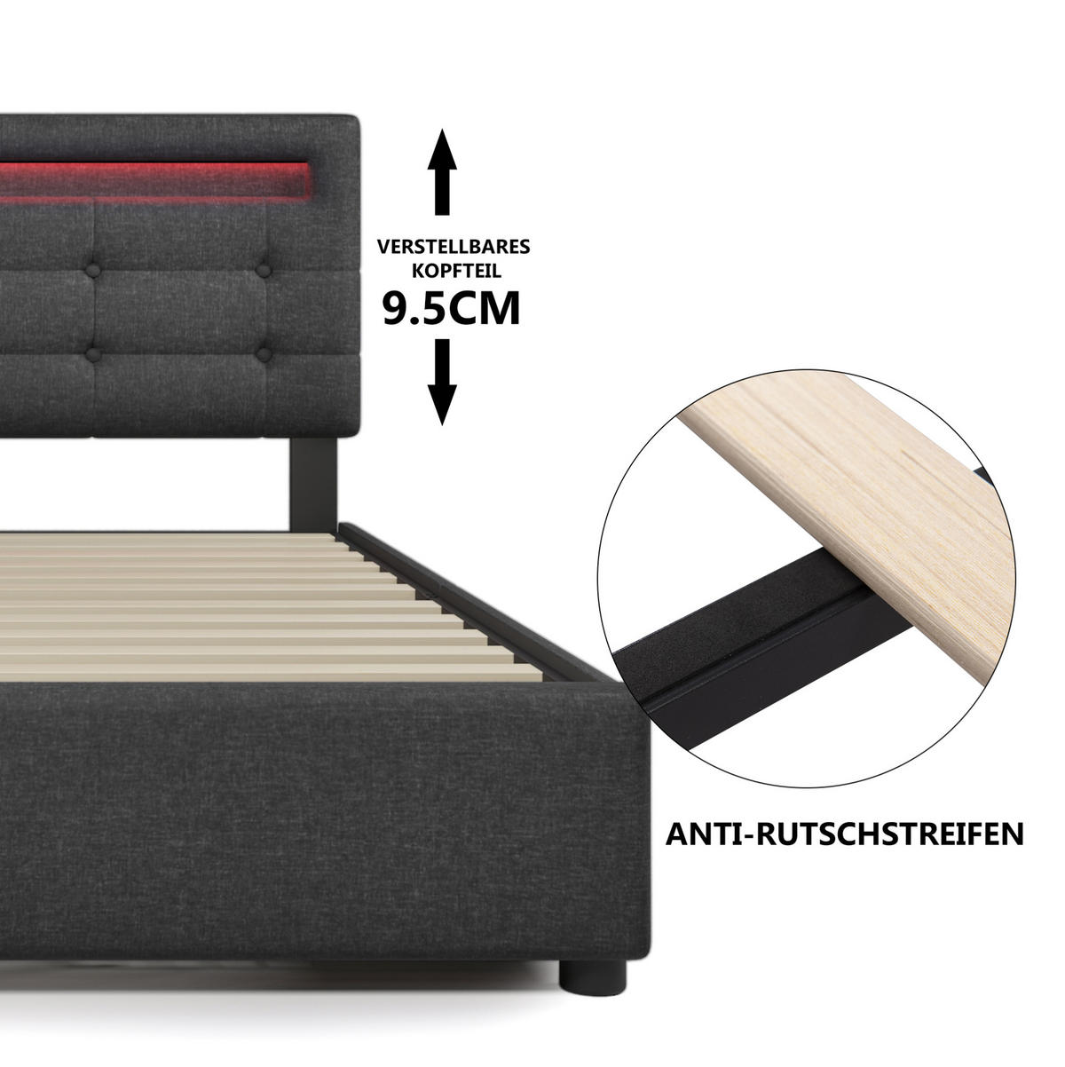 POLSTERBETT 90/200 cm Grau aus Leinen mit LED-Beleuchtung und 2 Schubladen - Grau, Textil (90/200cm) - OKMYHOME