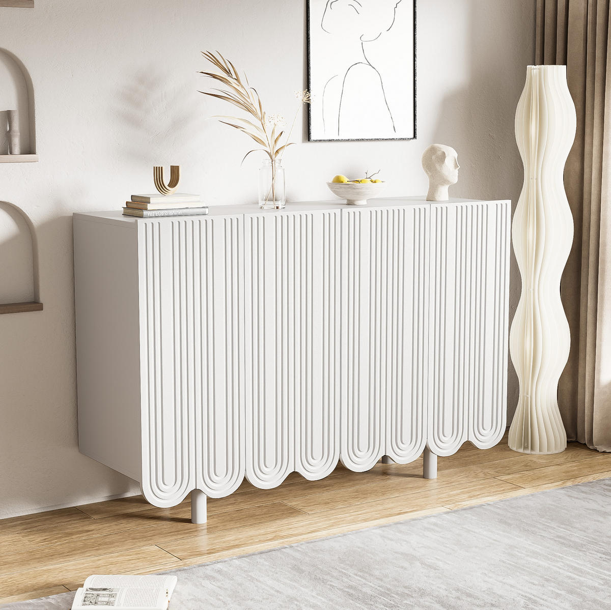 SIDEBOARD 120/37,5/80,8 cm mit 4 Türen in Weiß mit geschnitzter Front - Weiß, Holzwerkstoff (120/80.8/37.5cm) - BEAOK