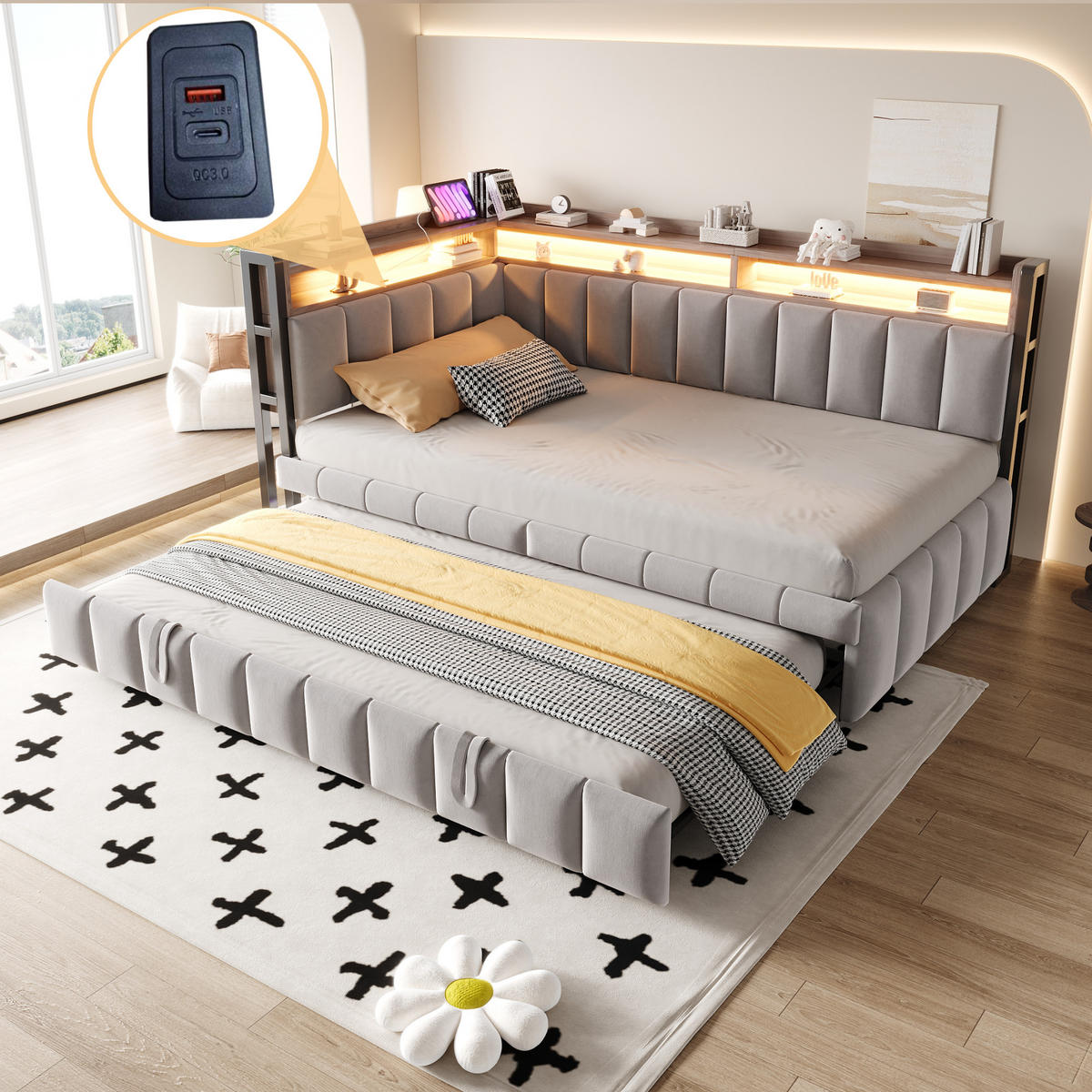 AUSZIEHBETT 90/200 cm DE-02098, in Hellgrau, mit LED, USB-C und Ablagefächern - Hellgrau, Metall (90/200cm) - ComfortXL