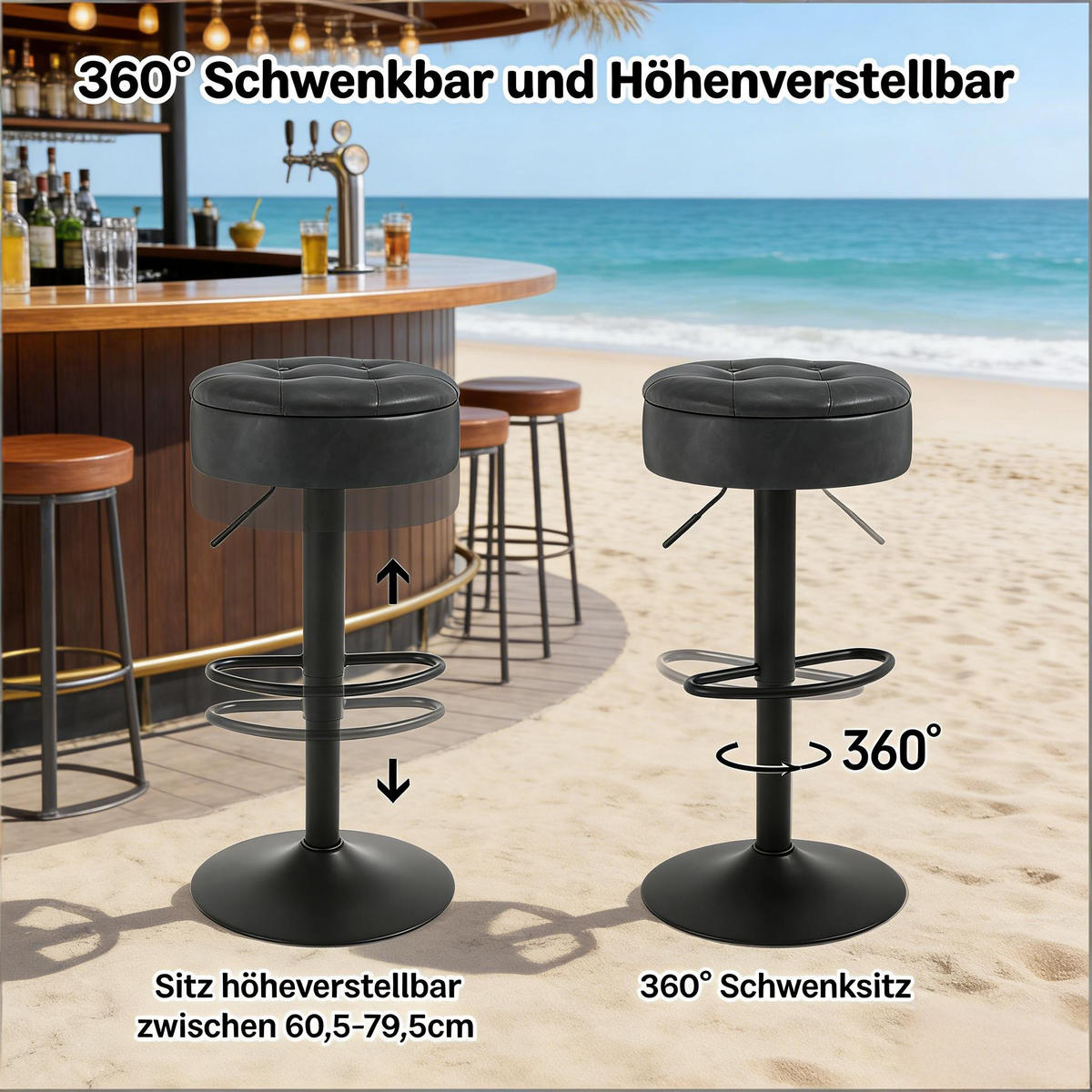 BARHOCKER 1er-Set Charcoal mit Aufbewahrungsraum Kunstleder & Höhenverstellbar - Anthrazit, Metall (39/79.5/39cm) - PANGIVO