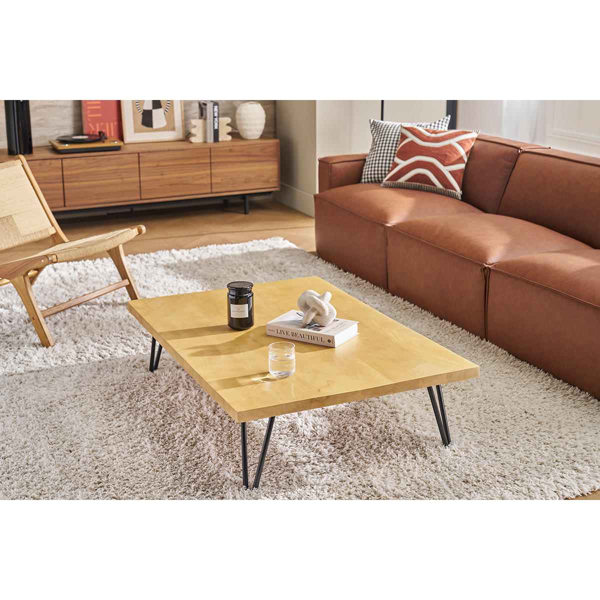 COUCHTISCH Mangoholz Metall Hairpin Beine VIBES - Naturfarben, Holz (117/80/30cm) - Miliboo