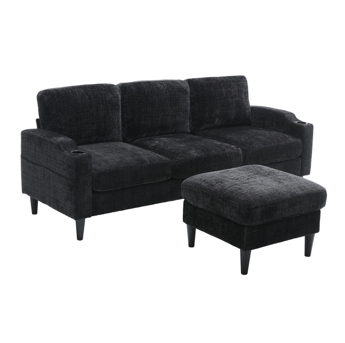 SOFA 4-Sitzer mit Hocker ca. 196,5 x 75 x 77 cm Chenille Black - Schwarz, Kunststoff (196.5/77/75cm) - Meubliv
