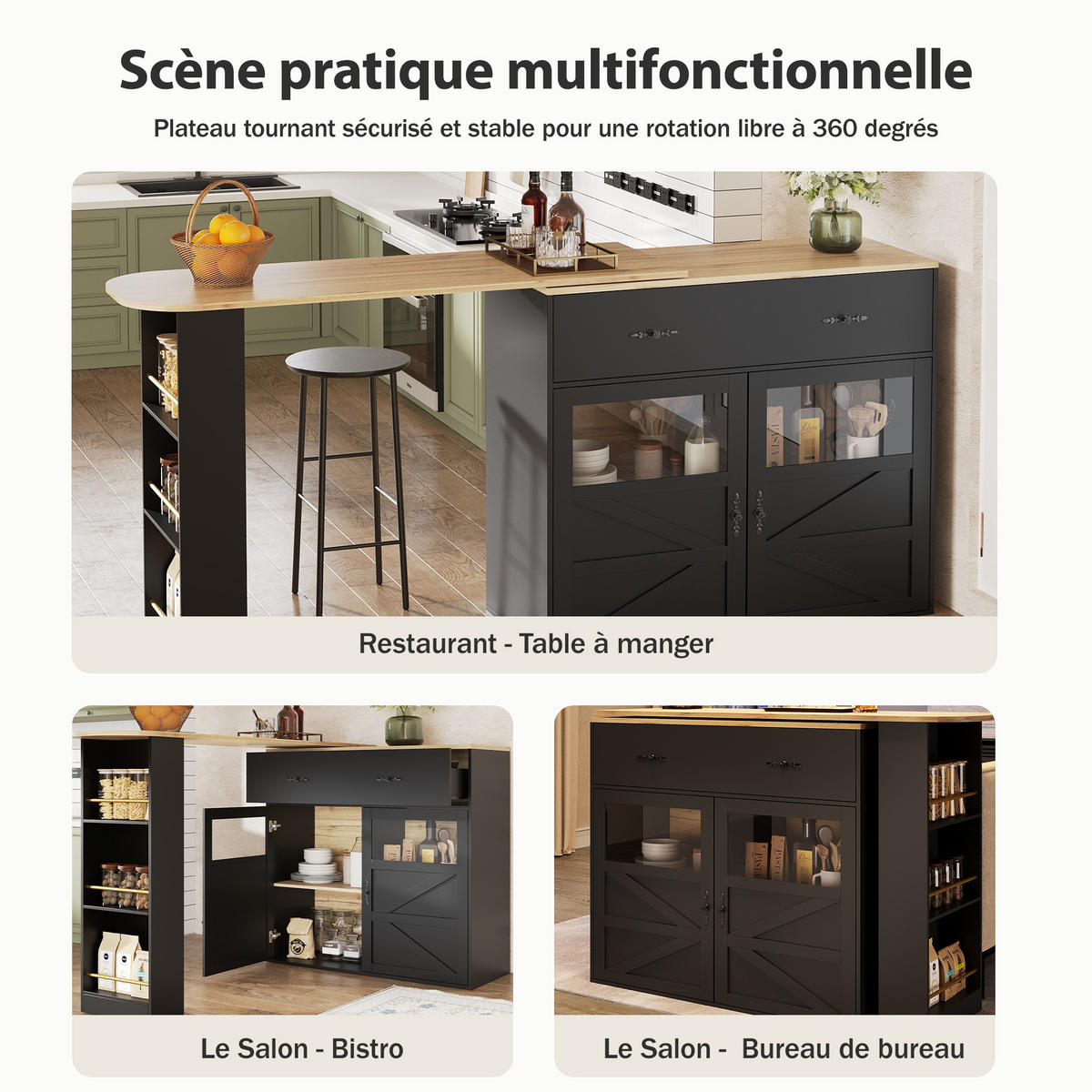 SIDEBOARD 138-204 cm, 360° drehbar, Regale, Schwarz - Schwarz, Holz (204/104/39cm)