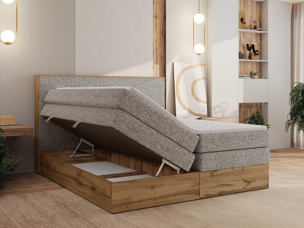 BOXBETT WOOD CLASSIC KING 160/200 - Beige Strukture - H4 - Beige, Textil (160/200cm) - MKS