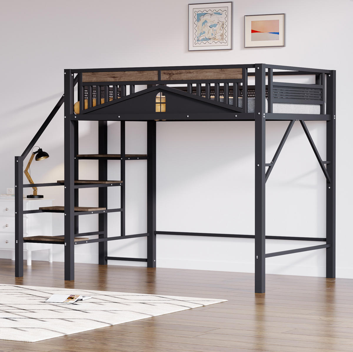 HOCHBETT 140/200 cm aus Metall mit Sicherheitsleiter, Schwarz - Schwarz, Metall (140/200cm) - OKMYHOME