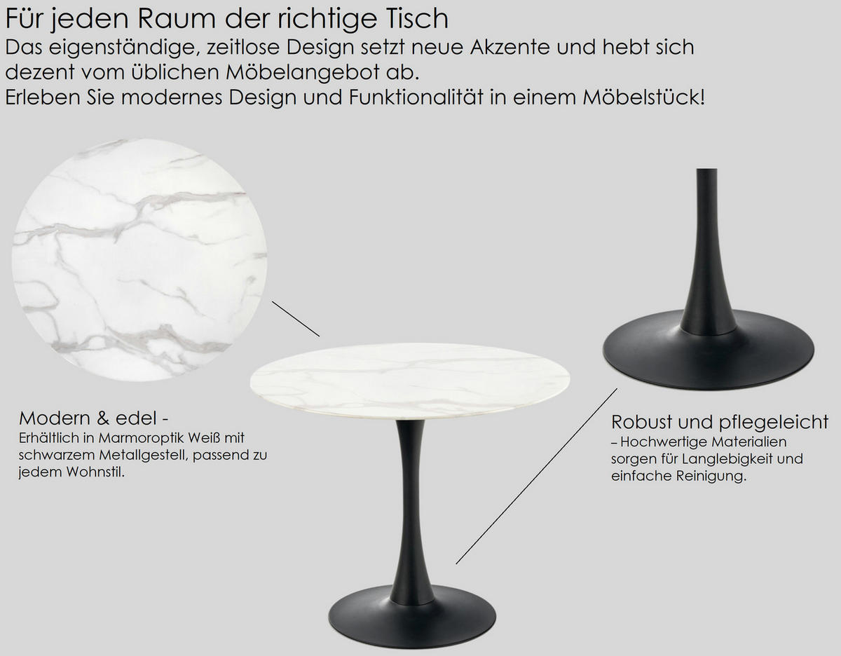 ESSTISCH rund Glas Marmor Schwarz 90x76 cm - Schwarz/Weiß, Holzwerkstoff (90/90/76cm) - designimpex