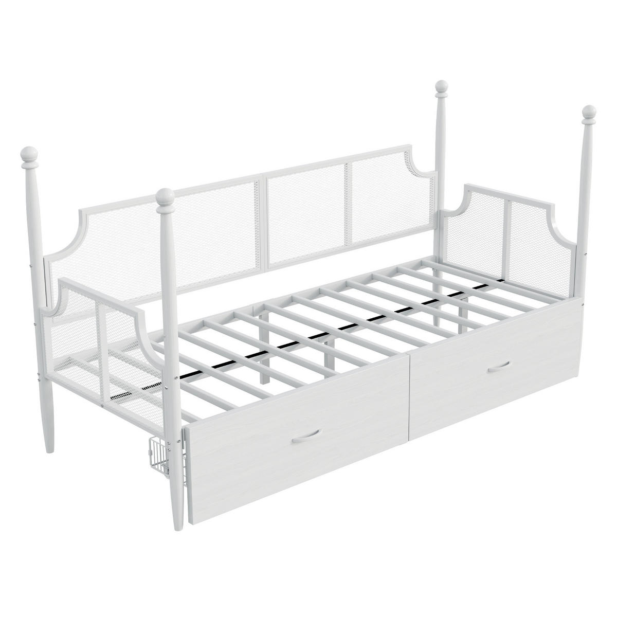 METALLBETT 90/200 cm weiß mit Vintage-Rückenlehne und Ablagefächern - Weiß, Metall (90/200cm) - OKWISH