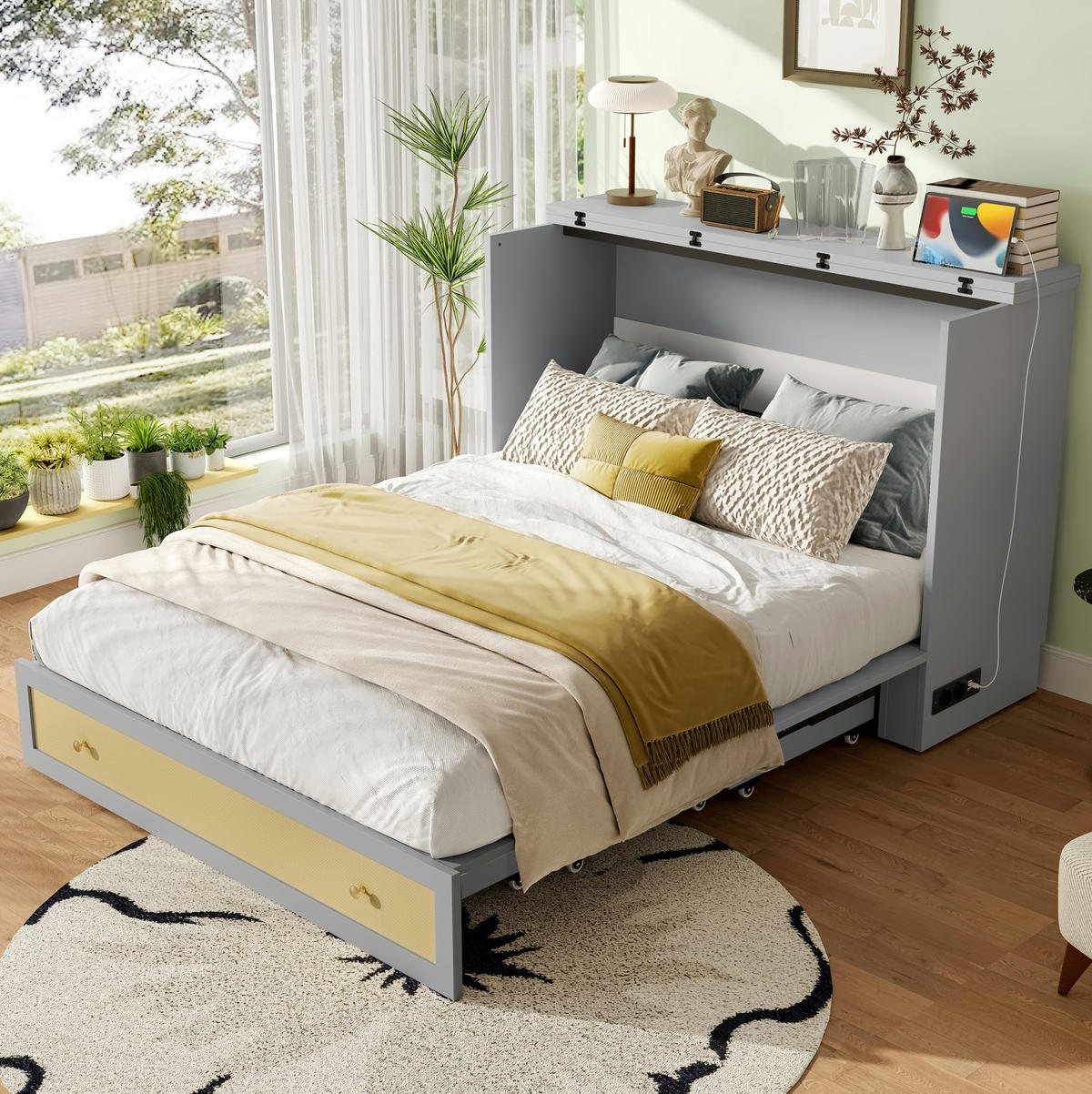 POSTELJNA omara iz MDF 140x200 cm siva z USB priključkom, vtičnico, predalom in preobrazbo v omaro - siva, leseni material (140/200cm) - Modfu