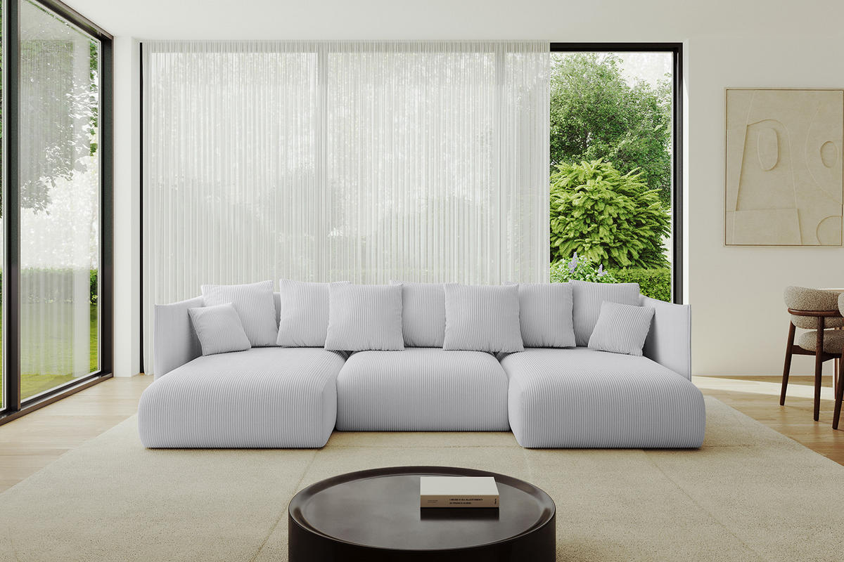 WOHNLANDSCHAFT mit Schlaffunktion und Bettkasten ONESK-U 304x165x40 Grau Cord - Grau, Holzwerkstoff/Kunststoff (304/90/165cm) - ALTDECOR