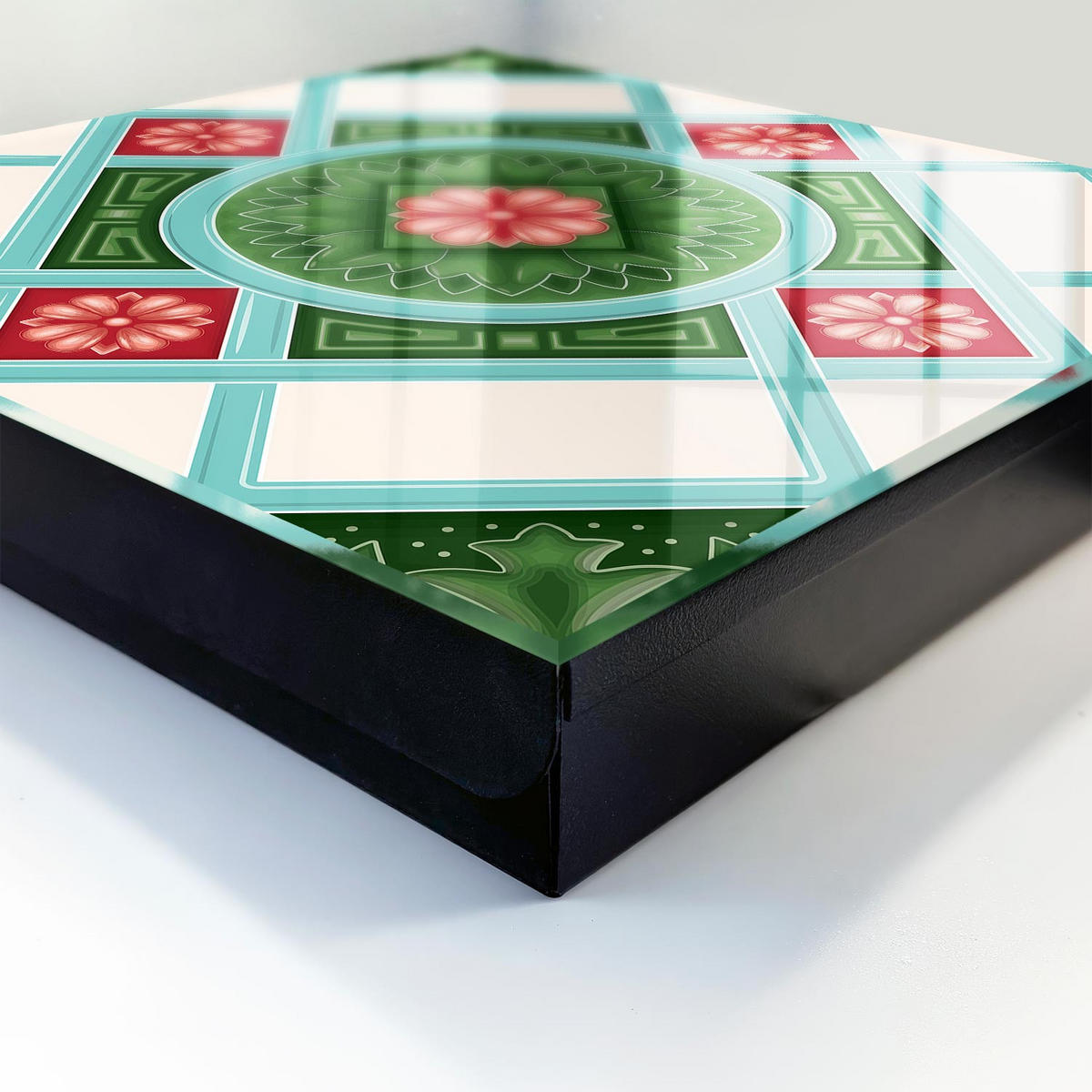 SCHLÜSSELBOX Schwarz 30x30 cm- Türöffnung nach rechts - Florale Geometrie - Grün, Metall (30/30/5cm) - TULUP