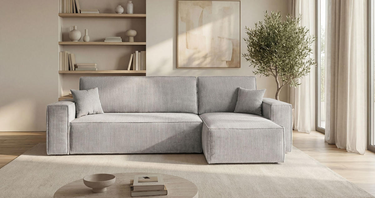 ROHOVÁ pohovka CALIFORNIA MINI pravá šedá manšestr Poso 55 - funkce spaní, úložný prostor - šedá, textil (245/139cm) - Cornero