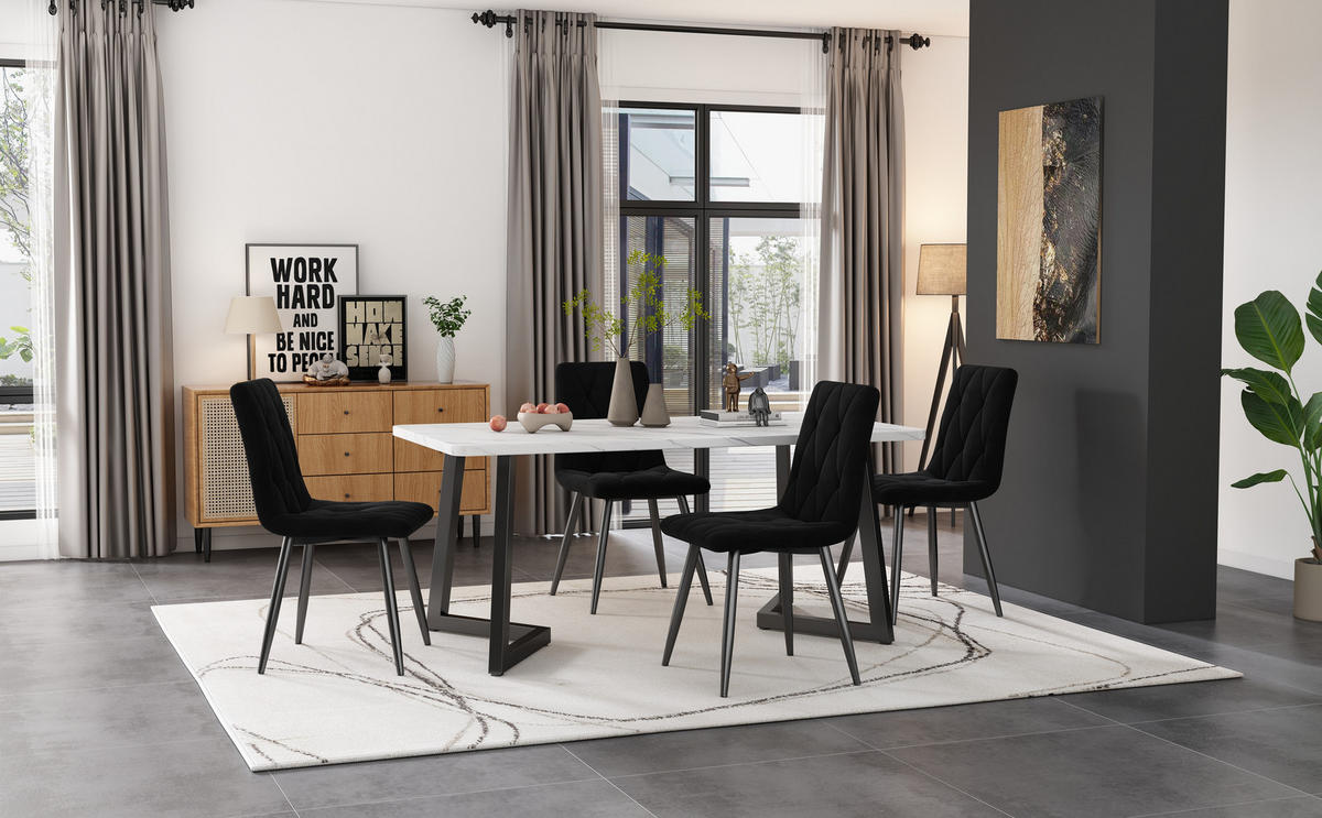 ESSGRUPPE 5-teilig mit Marmoroptik-Esstisch 117×68 und vier schwarzen Samtstühlen als modernes Küchenset, weiß+schwarz - Schwarz, Holzwerkstoff (68/75/117cm) - Luhomfu