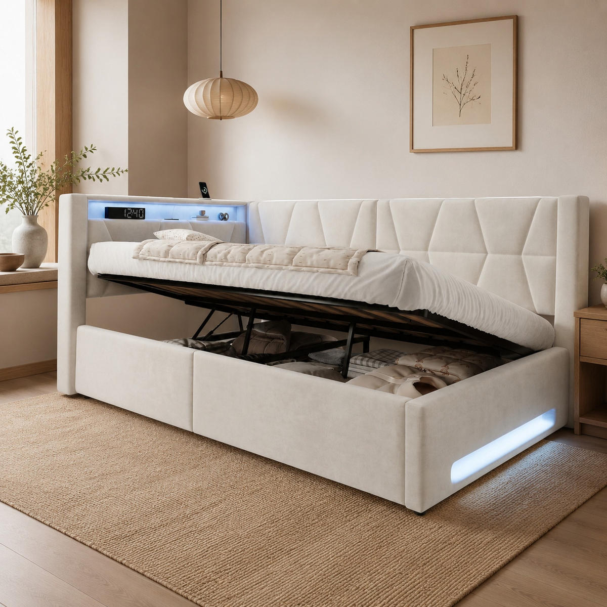 POLSTERBETT 90/200 mit Bettkasten, LED und USB-Type-C-Anschluss in Beige - Beige, Holzwerkstoff/Textil (90/200cm) - EVRYAE