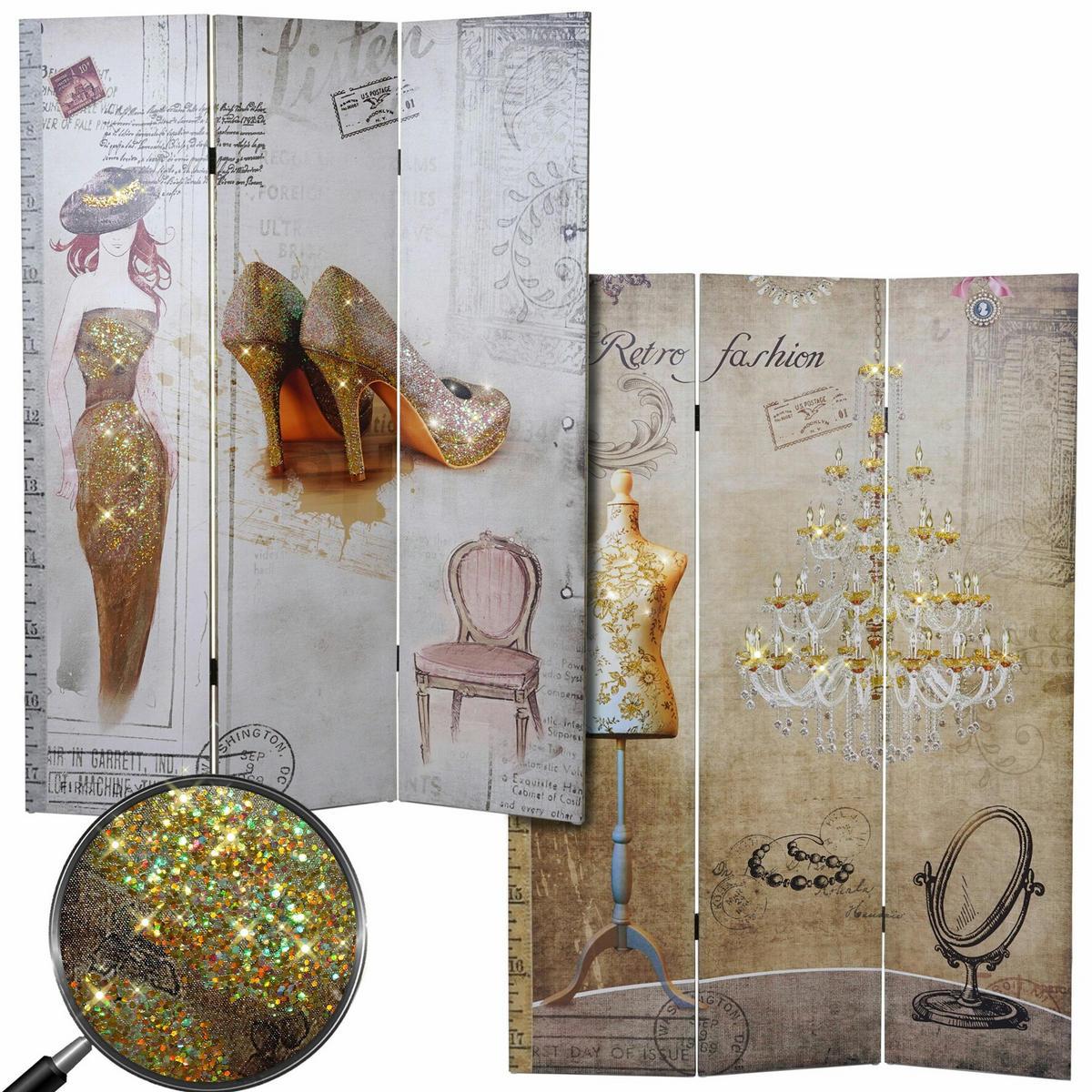 FOTO-PARAVENT RETRO Weiß, Gold - Goldfarben/Weiß, Holz (120/180/2cm) - MCW