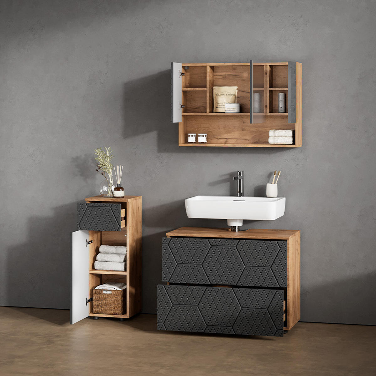 BADMÖBEL-SET Ronco Anthrazit gestreift 3 Teile, mit Schubladenschrank und Midischrank - Anthrazit/Eiche Wotan, Holzwerkstoff (80/58/41cm) - Livinity®