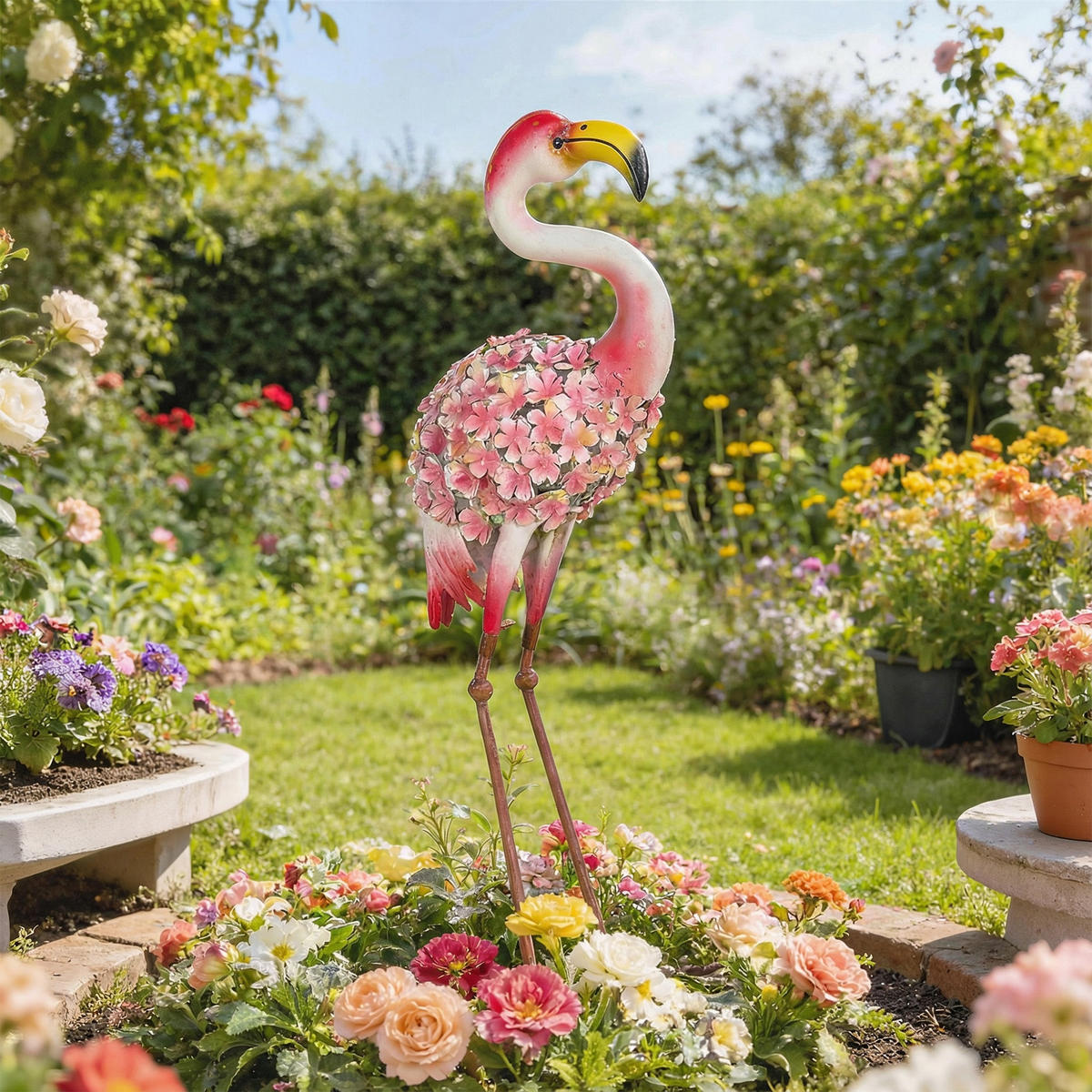 GARTENFIGUR DE-13873 Flamingo mit Blütenfedern Rot - Rot, Metall (19/83/28cm) - ComfortXL