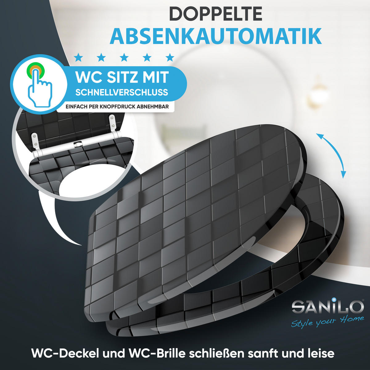 WC-SITZ mit Absenkautomatik & Top Fix Cube - Schwarz, Holzwerkstoff (37.7/5.5/48cm) - Sanilo