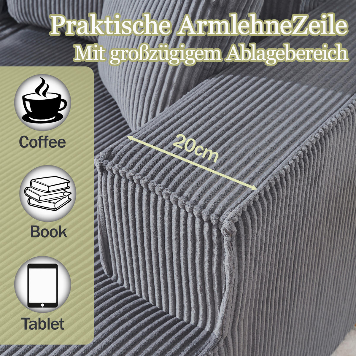ECKSOFA Cord Grau mit 2 Kissen - Grau, Textil (235/128cm) - WISHDOR