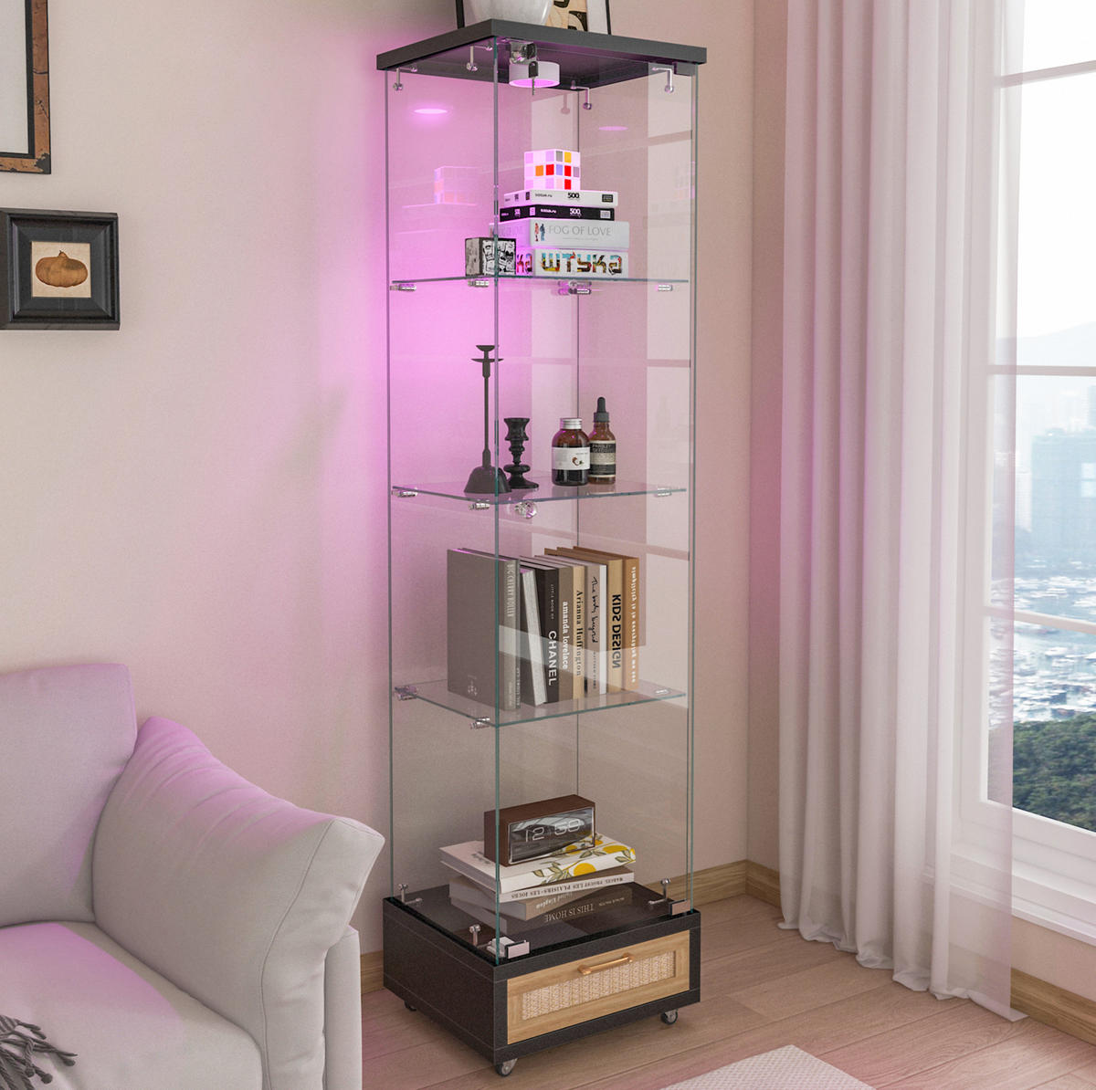 VITRINE 42.5/36.5/167 cm schwarz aus MDF und Glas mit LED-Beleuchtung - Schwarz, Holzwerkstoff (36.5/167/42.5cm) - OKMYHOME