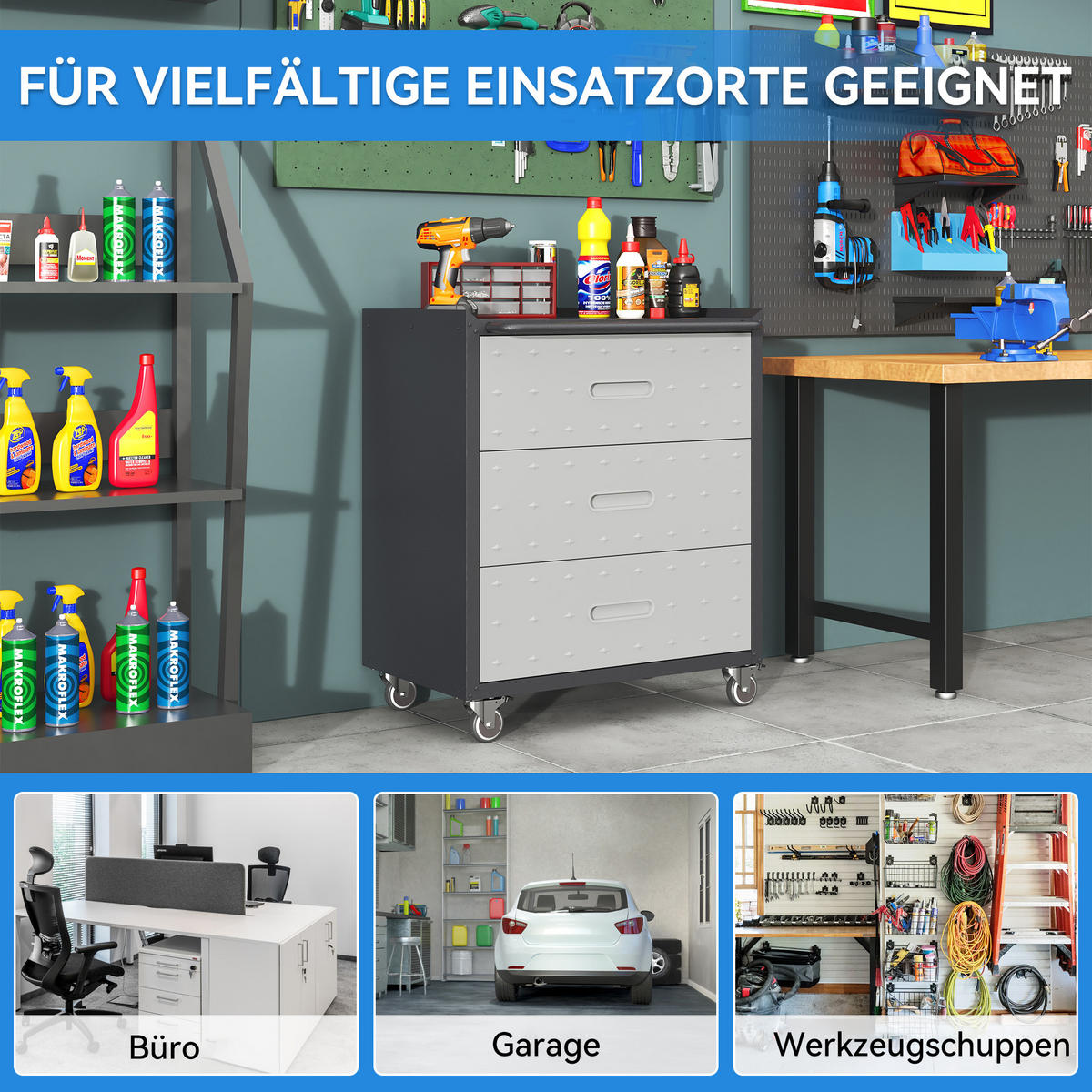 WERKZEUGSCHRANK Metall mit Rollen 3 Schubladen 75x42x88 cm – robust, Werkstattwagen für Garage, Büro & Haushalt, Schwarz/Grau - Schwarz, Metall (42/88.01/75.01cm) - Ej. Life