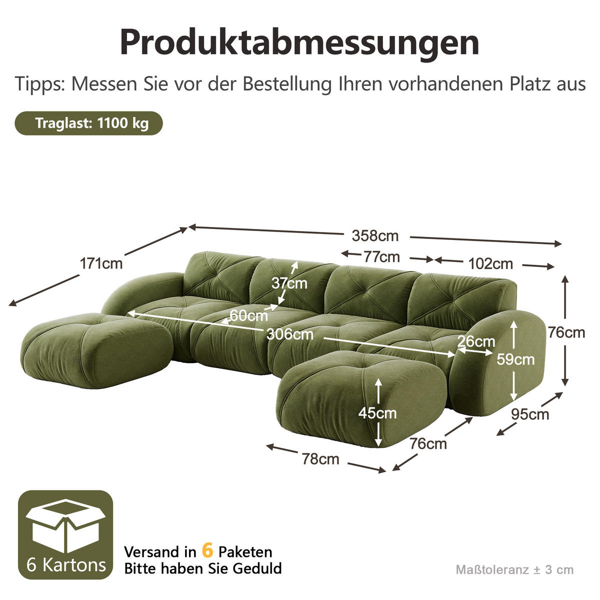 WOHNLANDSCHAFT DE-34276 4-Sitzer mit 2 Hockern Grün - Grün, Textil (171/76/358cm) - ComfortXL