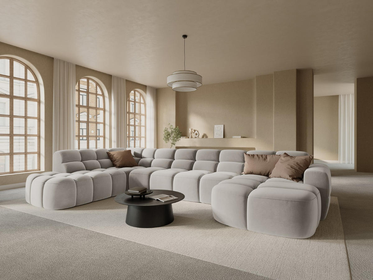 PANORAMASOFA links Lisa aus Samt leichtes beige 7 Sitzplätze - Creme, Textil (234/77/387cm) - Micadoni