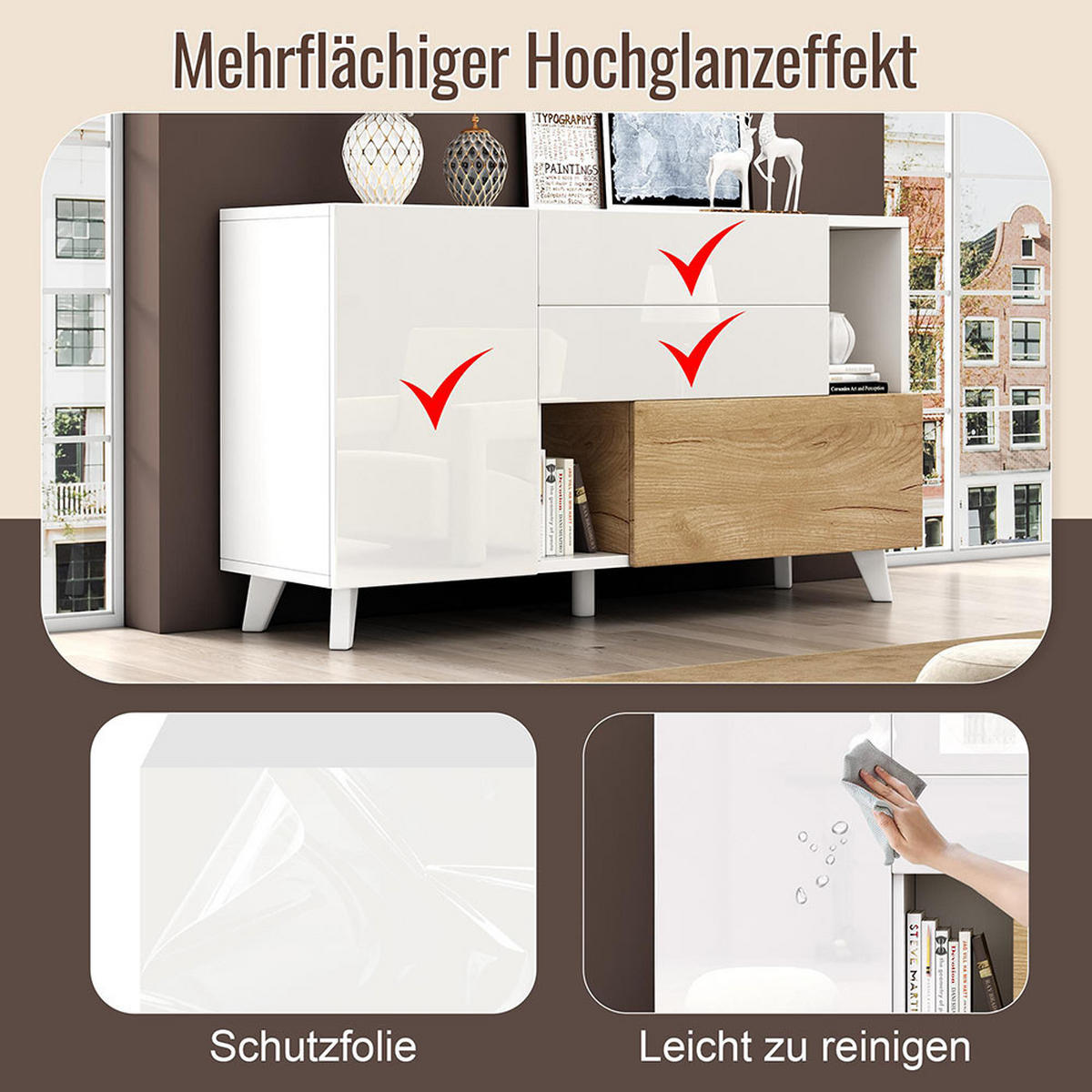 SIDEBOARD in Hochglänzendes weißes mit Stauraum - Weiß, Holz (40/70/130cm) - KOMHTOM