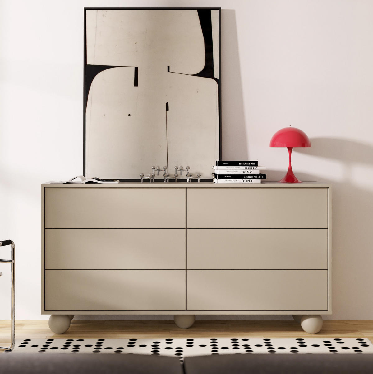 KOMODA Adel se 6 zásuvkami a kulatými nožkami, 154 cm, bezúchytková, kašmír - kašmírová, kompozitní dřevo (154/81/38cm) - Beautysofa