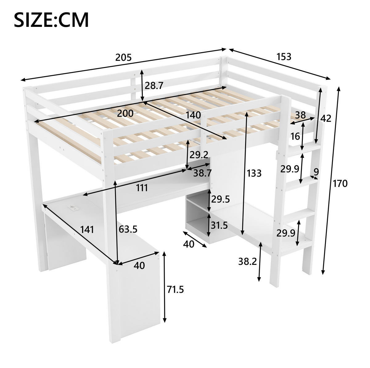 PATROVÁ postel 140/200 cm bílá z masivního dřeva a MDF s deskou, LED osvětlením a policí - bílá, kompozitní dřevo (140/200cm) - OKWISH