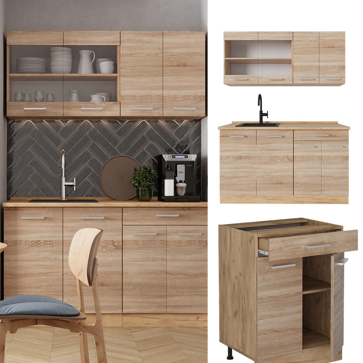 SINGLE KÜCHE R-Line Sonoma/Goldkraft Eiche 140 cm ohne Arbeitsplatte - Honigeiche/Sonoma Eiche, Holzwerkstoff (140/81.6/46cm) - Vicco
