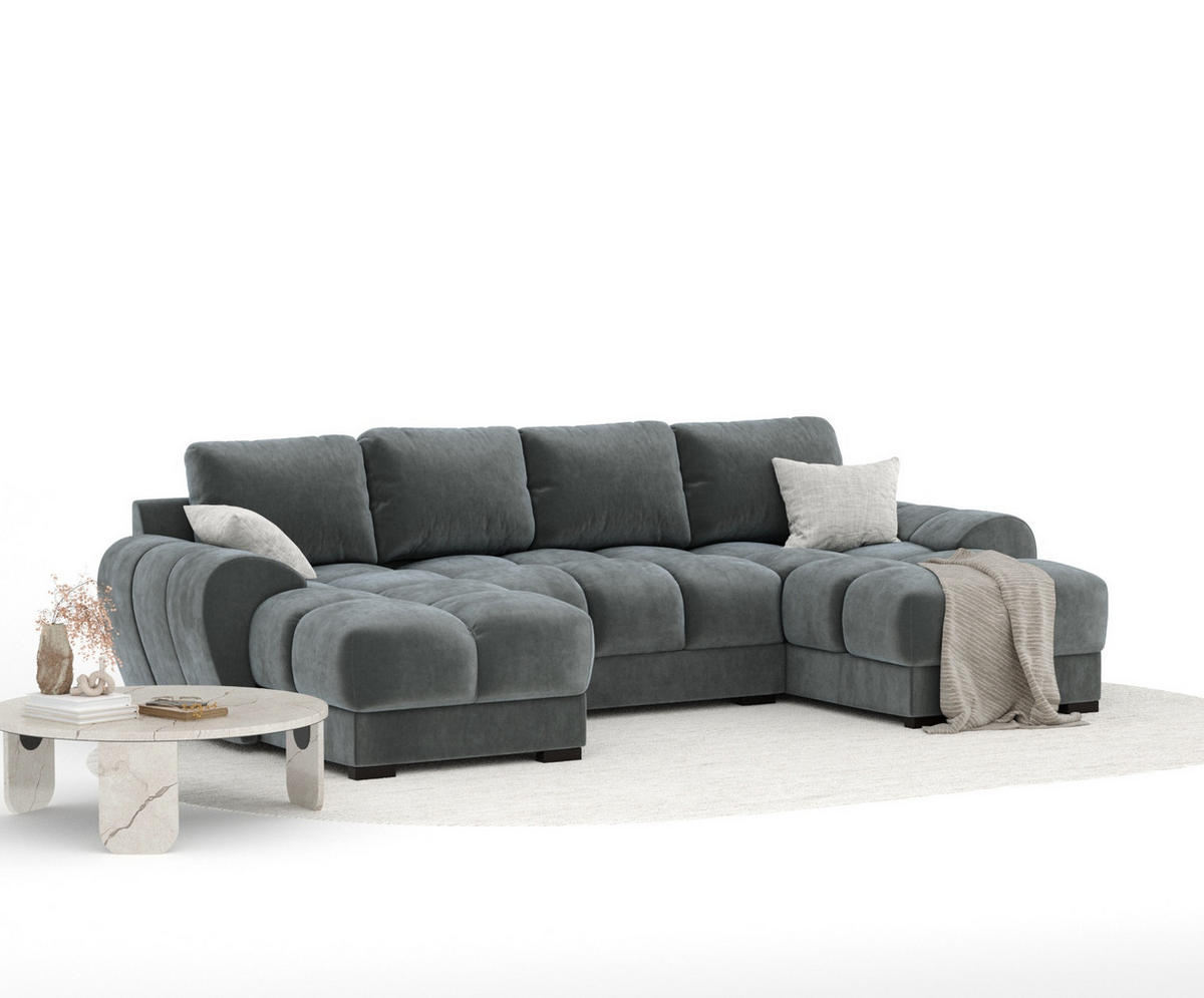 WOHNLANDSCHAFT Peebles Dunkelgrau Samtstoff - Schwarz/Grau, Holz/Holzwerkstoff (330/90/175cm) - Maison de Reve