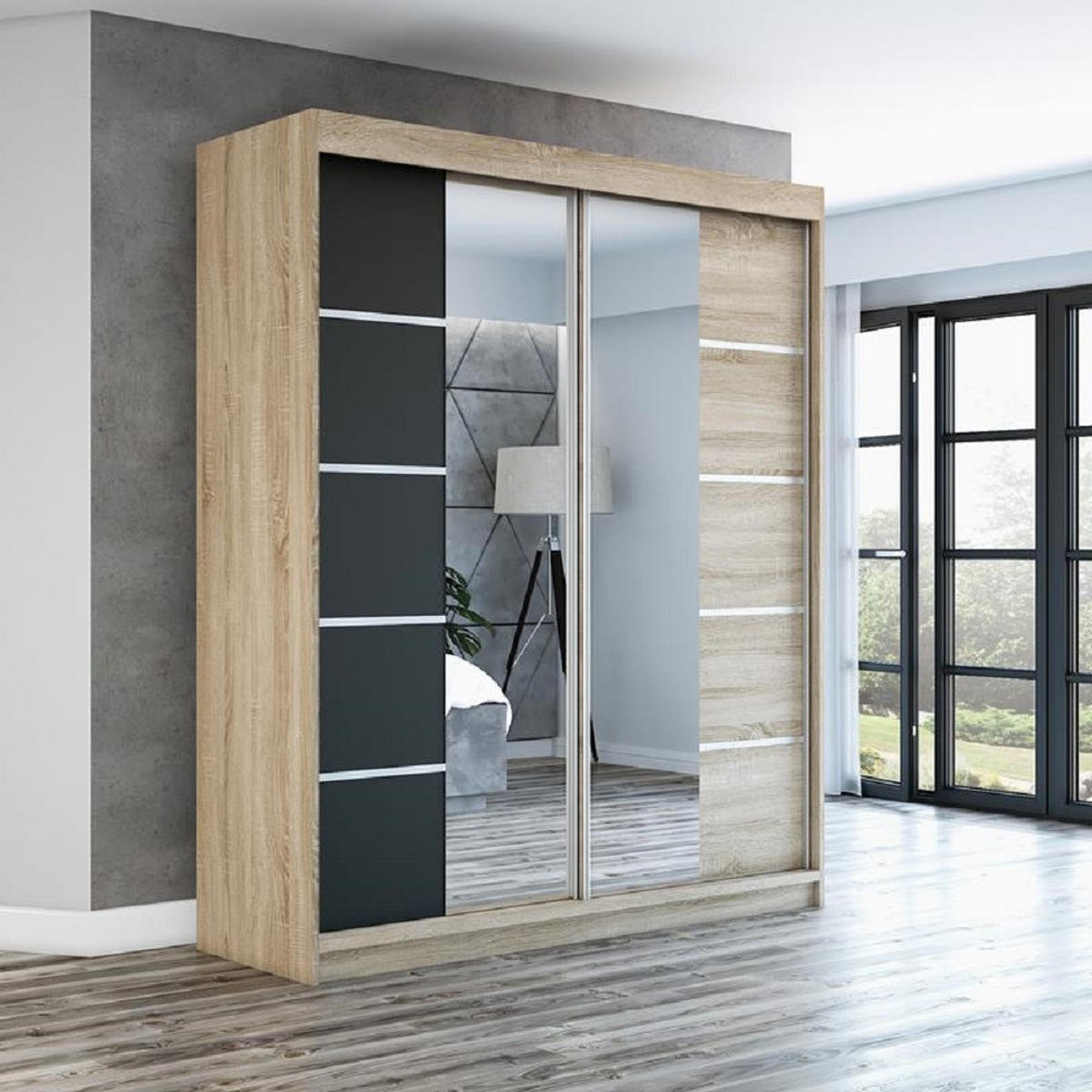 SCHWEBETÜRENSCHRANK 180 cm KOMFORT Farbe:Sonoma,schwarz - Schwarz/Braun, Holzwerkstoff (180/215/59.5cm) - A&J MöbelLand