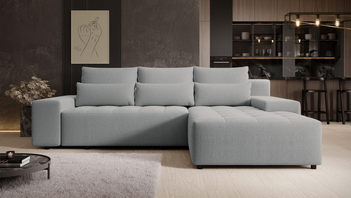 ECKSOFA Neluro Hellgrau Chenille wasserabweisend - Hellgrau/Schwarz, Kunststoff/Textil (268/184cm) - Selsey