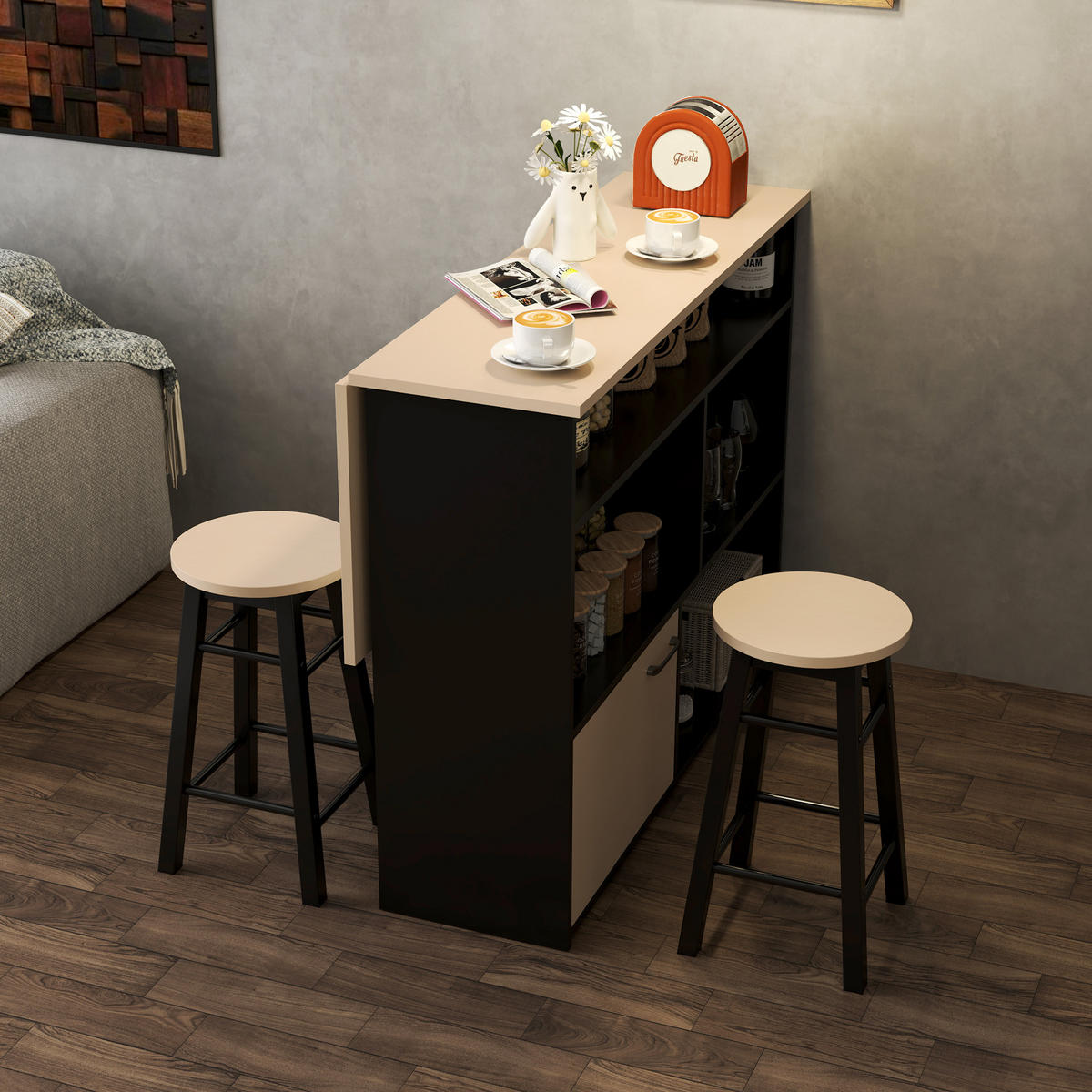 BARTISCH mit Barhocker Set, Schwarz - Multicolor, Holz (116/89.5/70cm) - HOMCOM