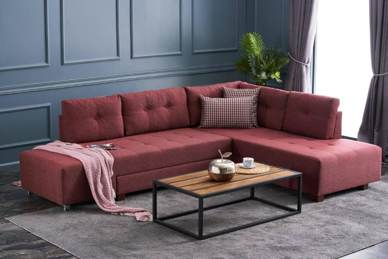 ECKSOFA mit rollbarer Schlaffunktion - Rot/Walnussfarben, Holzwerkstoff/Kunststoff (206/280cm) - myHomelando