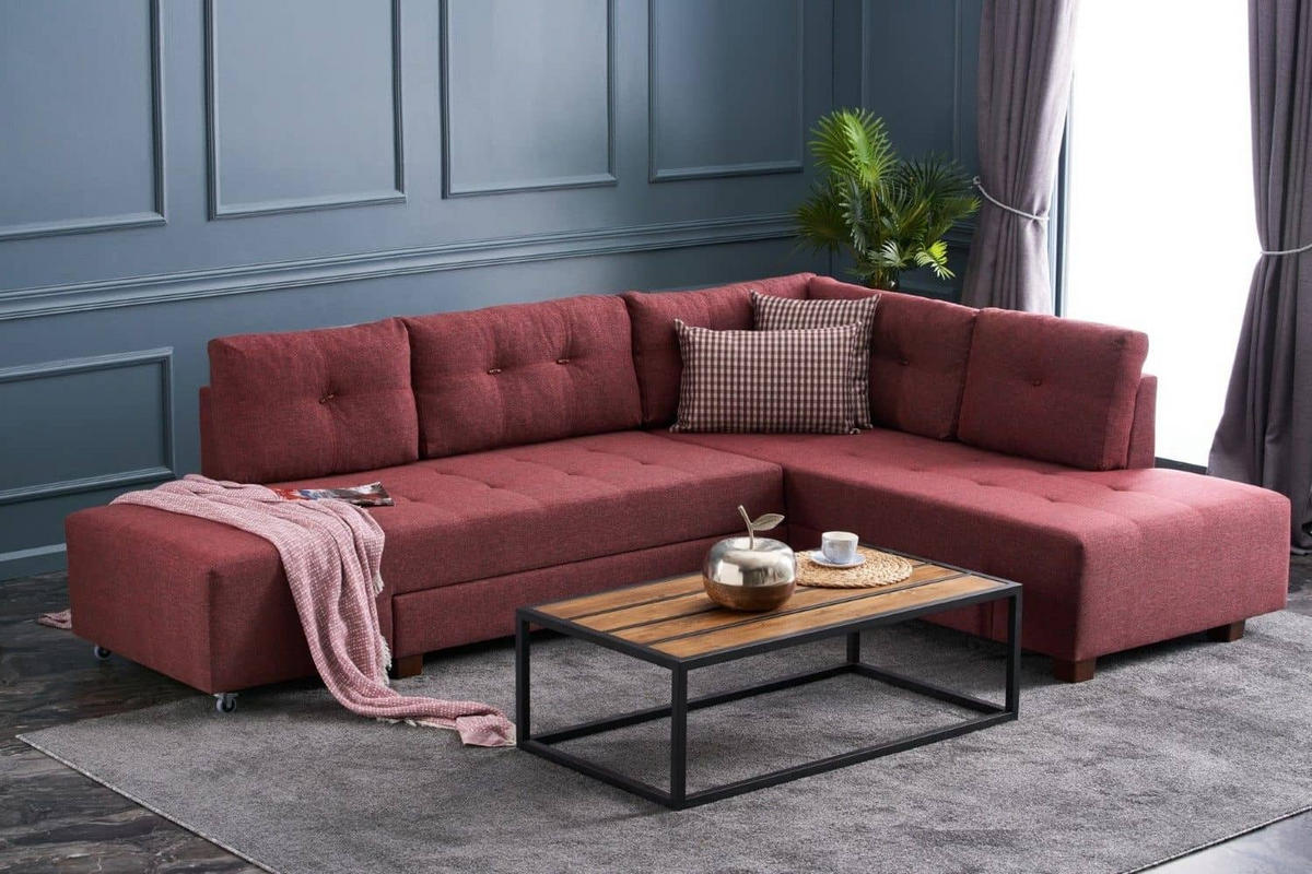 ECKSOFA mit rollbarer Schlaffunktion - Rot/Walnussfarben, Holzwerkstoff/Kunststoff (206/280cm) - myHomelando