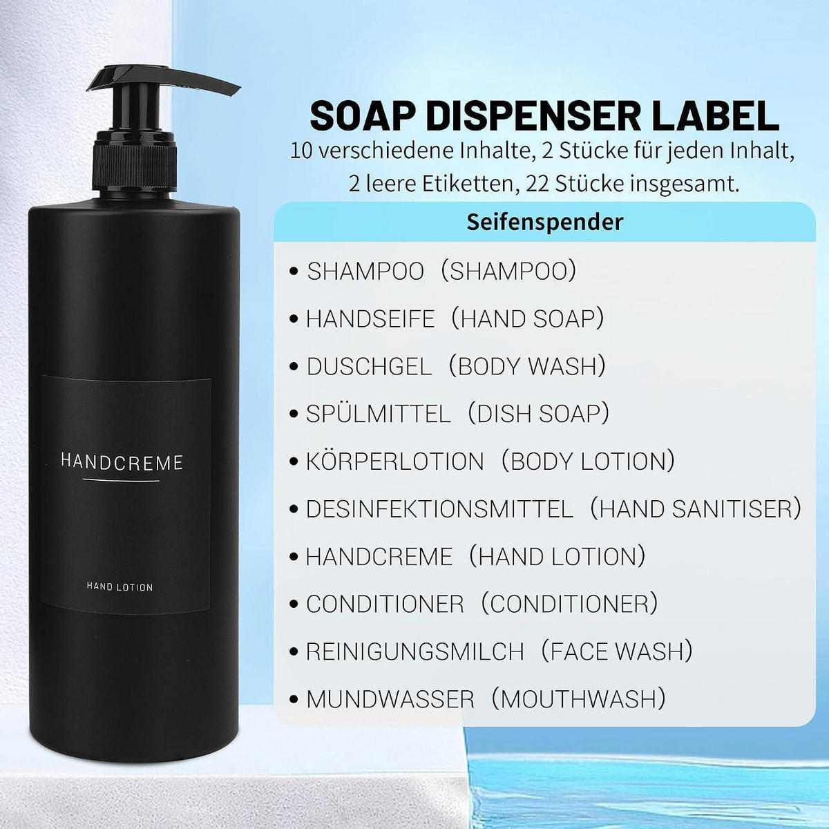 SEIFENSPENDER 3-teiliges Set 500ml Schwarz mit Etiketten - Schwarz, Kunststoff (6.6/17/6.6cm)