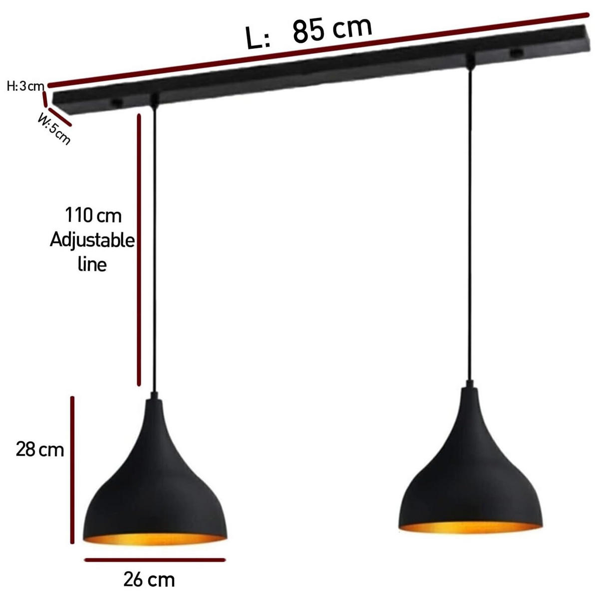 PENDELLEUCHTE Adash 26/28 cm - Goldfarben/Schwarz, Metall (26/28cm) - Bamyum