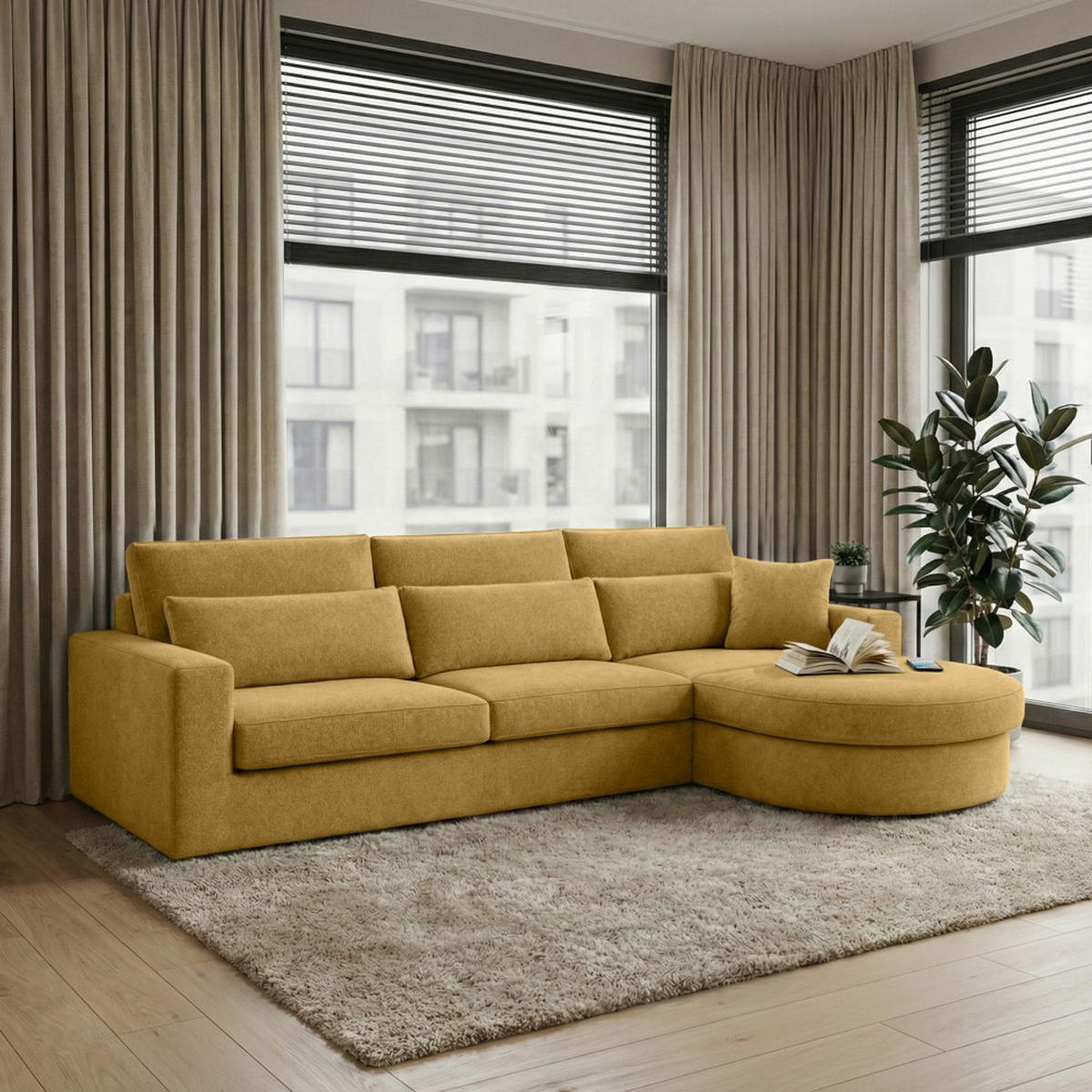 ECKSOFA Pablo ohne Schlaffunktion, mit abgerundeter Ottomane, rechts, Gelb, Velourstoff - Gelb, Textil (319/196cm) - Beautysofa