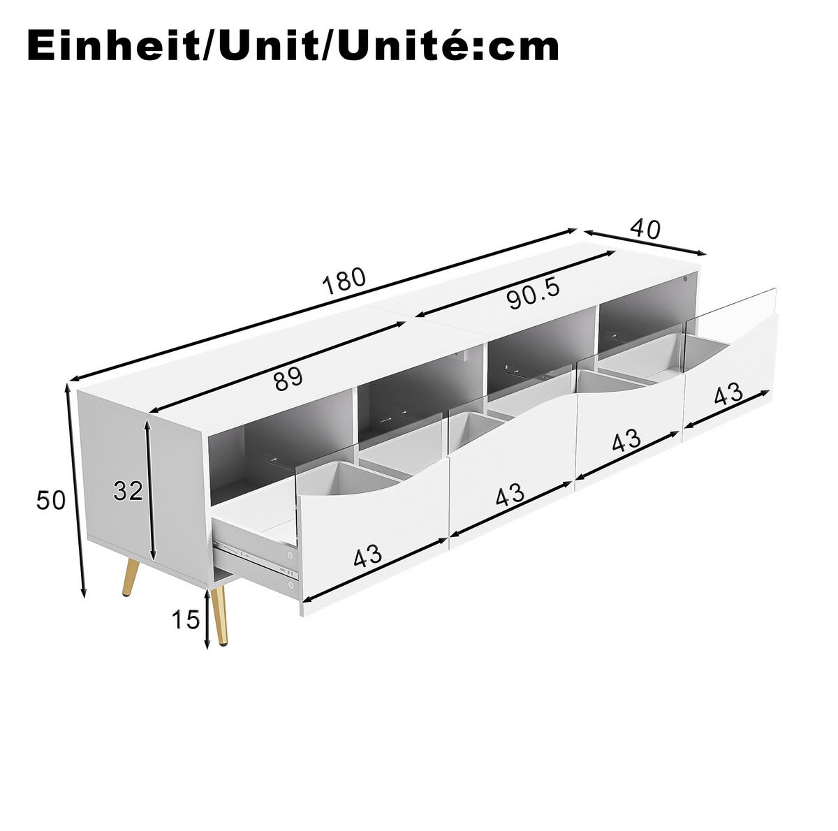 TV-SCHRANK mit LED 180 x 40 x 50 cm Weiß mit Glasfront - Weiß, Holzwerkstoff (40/50/180cm) - Beauniv