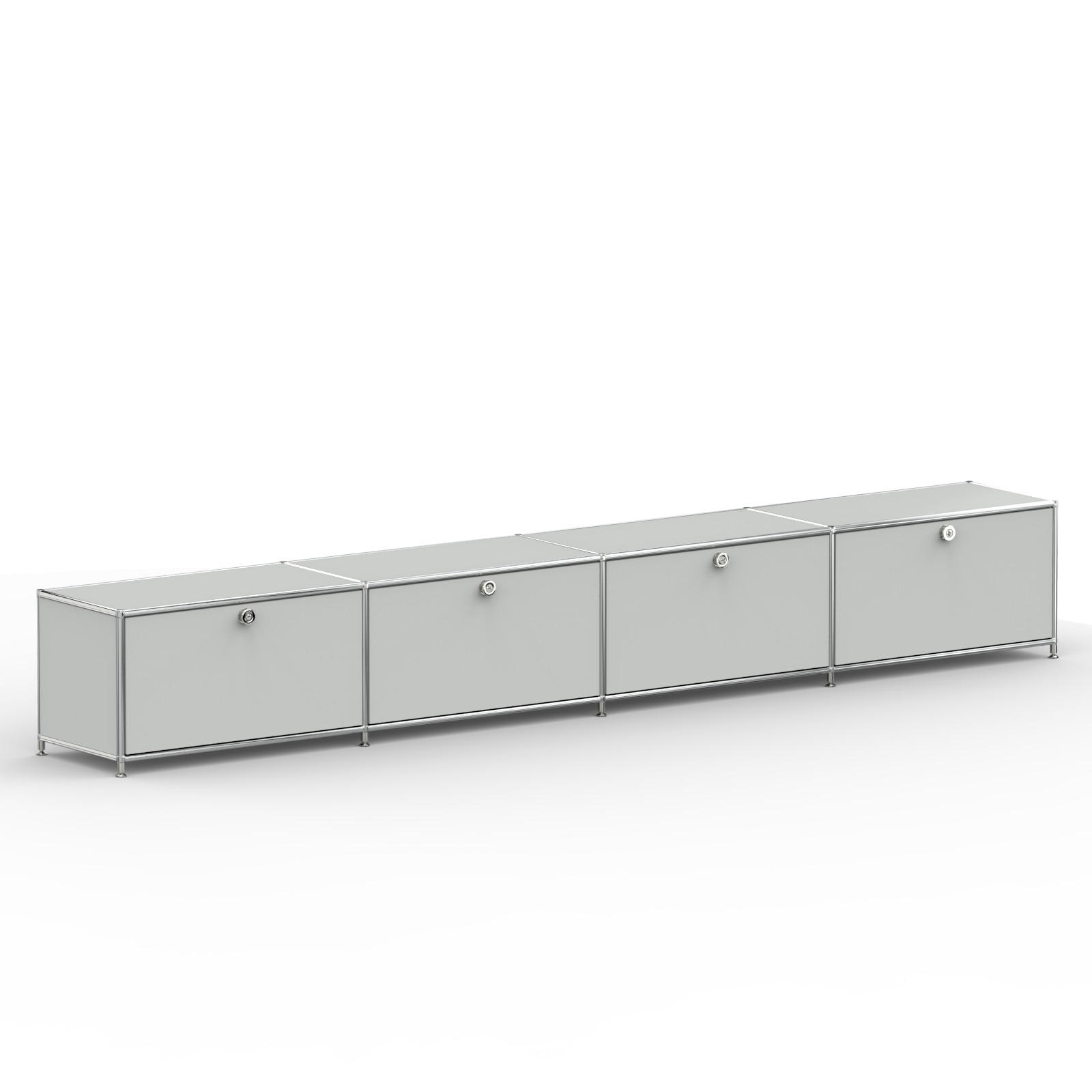 TV Board mit 4 Klappen & Schloss, Breite 302 cm, Lichtgrau - Chromfarben/Silberfarben, Metall (40/43/302.2cm) - Versee