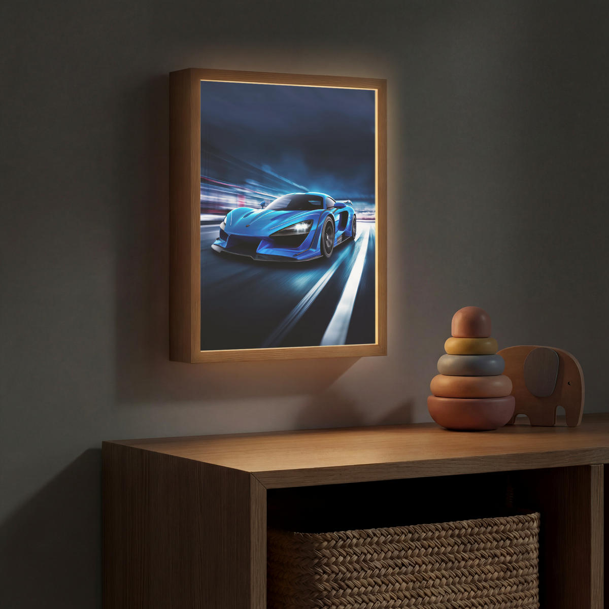 DOBÍJECÍ NOČNÍ LAMPIČKA Auto - Modrá - Chlapci - Dítě 30x40 cm - modrá, kompozitní dřevo (8/30/40cm) - OnlyWow