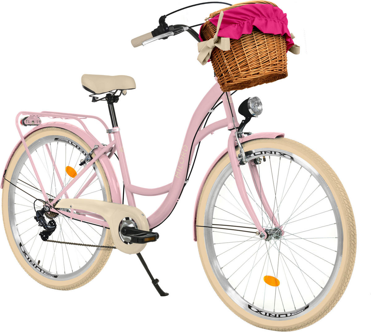 CITY-FAHRRAD Milord mit Weidenkorb, 28 Zoll, Rosa-Creme, 7-Gang - Pink/Creme, Metall (46cm) - Milordbikes