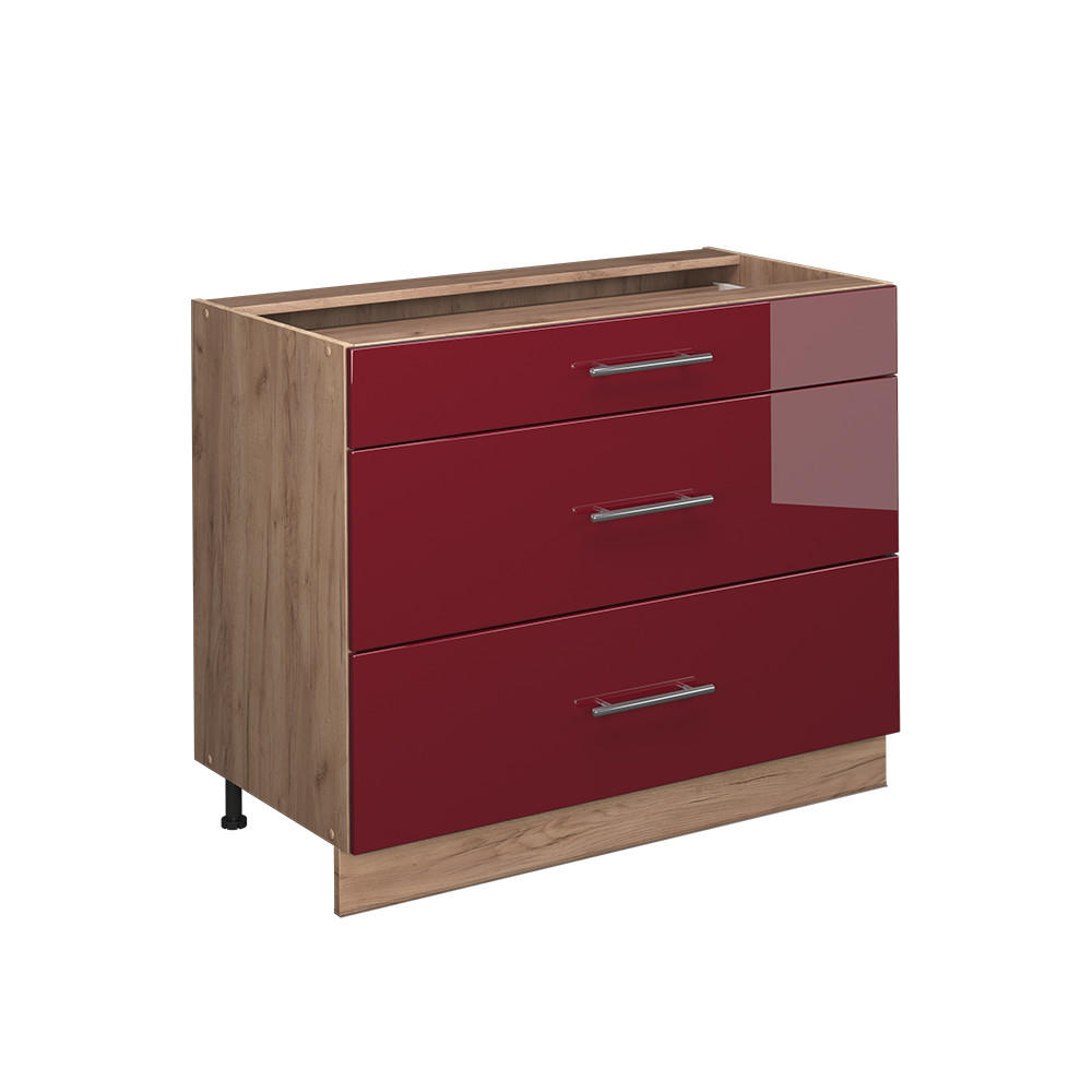 KÖKSUNDERSKÅP Fame-Line, Bordeaux högblank/Goldkraft ek, 100 cm utan bänkskiva Bordeaux, Honungsek 82/100/51.6 cm