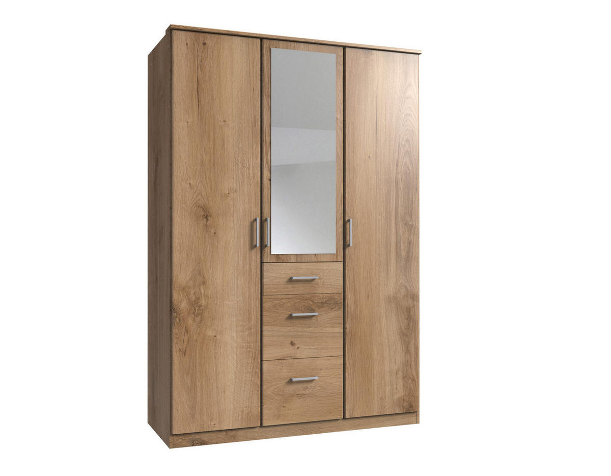 KLEIDERSCHRANK Click in Plankeneiche - Drehtürenschrank 135 cm Breite mit Spiegel - Braun, Holzwerkstoff (135/199/58cm)