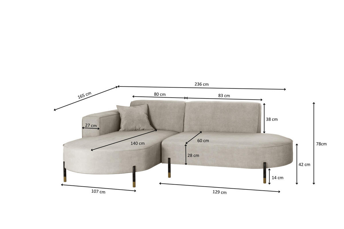 ECKSOFA L-Form Designer Modena Rein Stoff Noel Hellgrau Links - Hellgrau, Holz/Textil (165/236cm) - Kaiser Möbel