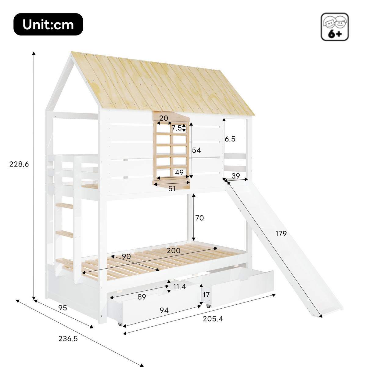 ETAGENBETT 90/200 cm weiß aus Kiefer und MDF mit Rutsche und 2 Schubladen - Weiß, Holzwerkstoff (90/200cm) - OKWISH